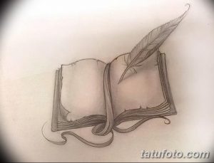 Фото эскиза татуировки: Открытая книга с пером, выполненная в графическом стиле. Детализированная проработка, мягкие тени.