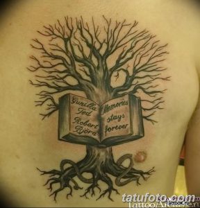Фото тату на спине: Дерево Жизни с открытой книгой, на страницах которой написаны имена. Реалистичный стиль, детализированная проработка.
