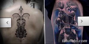 Фото тату скрипки на спине, выполненной в технике дотворк. Детализированный рисунок музыкального инструмента с тонкими линиями и точками.