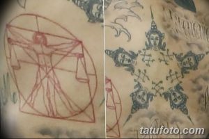 Фото тату на спине: Татуировка с изображением Человека Витрувиана, выполненная красными линиями, в сочетании с буддийскими мотивами и изображениями лиц. Эскиз татуировки в смешанном стиле.