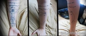 Фото эскиза татуировки Витрувианского человека на руке, показывающее процесс нанесения. Три кадра демонстрируют этапы работы.