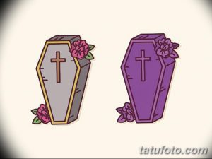 Фото эскизов тату: два гроба, украшенные крестами и розами, выполненные в цветном стиле. Идеи для татуировок в стиле олдскул.