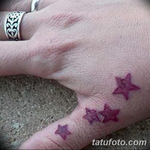 Фото тату на запястье с тремя небольшими розовыми звездами. Минималистичный и женственный рисунок татуировки.