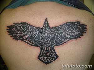 Фото тату ворона, выполненного в технике blackwork на спине. Детализированное изображение птицы с расправленными крыльями, символизирующее свободу и мудрость.