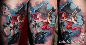 Фото татуировки в стиле Anime с изображением пиратской девушки с пистолетом. Яркие цвета, динамичная композиция и выразительные глаза.