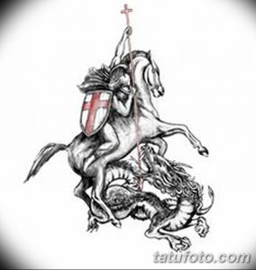 Черно-белый эскиз татуировки с изображением Святого Георгия Победоносца, сражающегося с драконом на коне. Классический сюжет для татуировки.