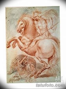 Карандашный эскиз тату Святого Георгия Победоносца, изображенного в динамичной позе на коне, поражающего дракона. Рисунок выполнен в мягких тонах.