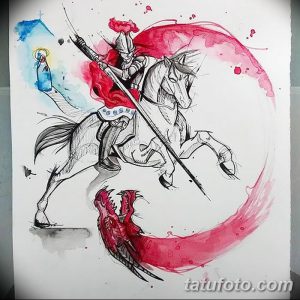 Красивая акварельная татуировка Святого Георгия Победоносца, сражающегося с драконом. Мягкие переходы цветов и динамичная композиция.