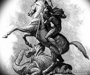 Старинный эскиз татуировки Святого Георгия Победоносца, сражающегося с драконом. Черно-белый рисунок с акцентом на динамику и детализацию.