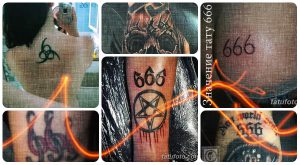 Фото тату: коллаж из различных татуировок с числом '666', перевернутым крестом, пентаграммой и другими сатанинскими символами. Черный цвет, разные стили.