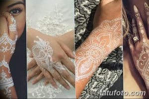 Фото тату мехенди: коллаж из четырех изображений с белыми узорами на разных частях тела, демонстрирующий разнообразие стилей и техник.