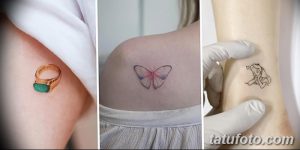 Фото тату: золотое кольцо с изумрудом на лодыжке, бабочка на плече и фея на запястье. Нежные и изящные рисунки татуировок.
