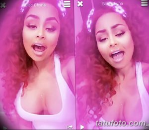 Фотография Blac Chyna с пирсингом языка и ярким макияжем. Крупный план лица демонстрирует пирсинг и выразительный макияж.