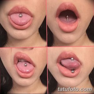Фотография, демонстрирующая четыре варианта пирсинга языка. Разные положения языка и украшения. Наглядное представление различных возможностей.