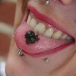 Фото пирсинга языка: на языке расположен серебряный паук. Рот открыт, видны зубы и язык с пирсингом.
