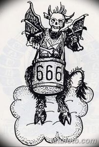 Фото эскиза татуировки с изображением демона, держащего число 666. Жуткий и детализированный рисунок татуировки.