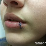 Фото пирсинга губы с синим украшением. Крупный план женской губы с аккуратным проколом и блестящим синим камнем. Идеально для поиска идей для пирсинга.