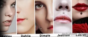 Фото коллажа с различными видами пирсинга губы: Ashley, Dahlia, Dimple, Jestrum и Labret. Разнообразие стилей и расположений пирсинга для губ.