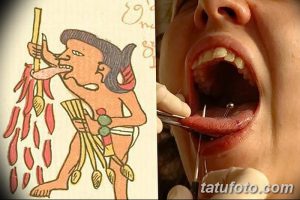 Фотография, разделенная на две части: древний рисунок с ритуалом пирсинга языка и современный пирсинг языка у человека.