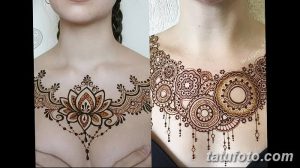 Фото тату мехенди на груди и шее. Детализированные узоры в восточном стиле, выполненные хной коричневого оттенка. Идеально для вдохновения.
