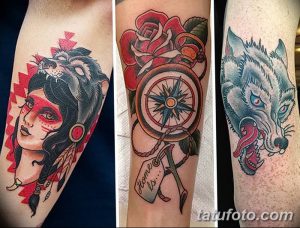 Коллаж из трех фото татуировок в стиле олд скул: портрет индианки с волком, роза с компасом и волчья голова.