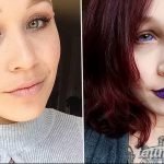 Фотография двух девушек с разными цветами глаз и татуировками. Одна девушка с зелеными глазами и фиолетовыми губами, другая - с голубыми глазами.