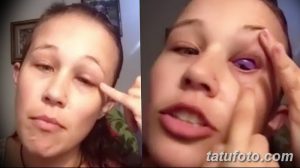 Фото двух частей лица девушки с татуировкой на глазу. Необычный и смелый вид татуировки, привлекающий внимание.