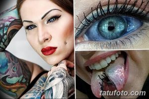 Фото девушки с яркими татуировками на руках и теле, а также с пирсингом и необычным макияжем. Экстравагантный и запоминающийся образ.