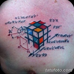 Фото тату кубика Рубика с математическими формулами на груди. Детальный рисунок татуировки с использованием черных и красных оттенков.