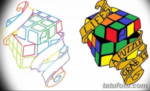 Фото эскизов татуировок кубика Рубика с надписями "Life's a Puzzle, Grab It". Яркие рисунки в стиле лайнарт.