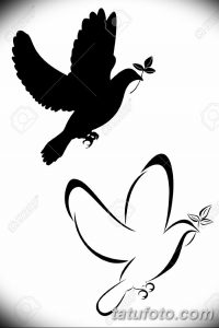 Фото тату: силуэт летящего голубя с оливковой ветвью и контур сердца, объединенные в единую композицию. Простой и символичный рисунок татуировки.