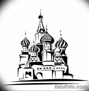 Фото эскиза татуировки, изображающего православный собор в стилизованной форме. Черно-белый рисунок татуировки с геометрическими элементами.