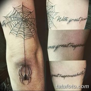 Фото тату: татуировка паутины и паука с надписью "With great power comes great responsibility" на руке. Стильный и мотивирующий рисунок.