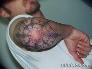 Фото тату: татуировка паутины на плече, выполненная в стиле традишн с использованием черных линий и небольшого количества цвета. Стильный и минималистичный рисунок татуировки.