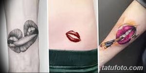 Фото коллажа: три татуировки с изображением губ в разных стилях - графика, реализм и акварель. Подходит для тех, кто ищет вдохновение и разнообразие эскизов тату.