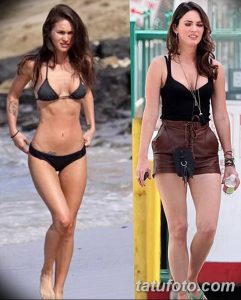 Фото тату на боку Меган Фокс: текстовая татуировка, выполненная черными чернилами. Элегантный шрифт и плавное расположение вдоль изгибов тела.