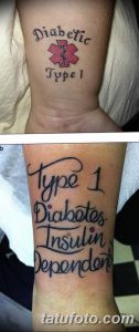 Фото тату на руке: Надпись "Diabetic Type 1" с изображением медицинского креста. Второе фото - надпись "Type 1 Diabetes Insulin Dependent".