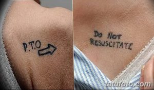 Фото тату: две татуировки на разных частях тела с надписями "P.T.O." и "Do Not Resuscitate". Информативные татуировки для медицинских целей.