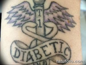 Фото тату на запястье: шприц с крыльями и надписью 'DIABETIC'. Татуировка для людей, страдающих диабетом.