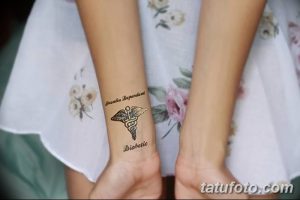 Фото тату с изображением медицинского креста, надписями 'Insulin Dependent' и 'Diabetic' на запястье. Рисунок выполнен в черном цвете.