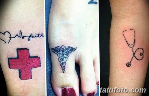 Фото трех миниатюрных татуировок: сердце с надписью 'faith', красный крест и стетоскоп.
