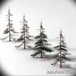 Фотография эскиза татуировки с изображением заснеженного зимнего леса. Четыре ели стоят в снегу, создавая атмосферу спокойствия и умиротворения.