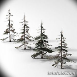 Фотография эскиза татуировки с изображением заснеженного зимнего леса. Четыре ели стоят в снегу, создавая атмосферу спокойствия и умиротворения.