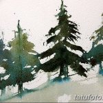 Акварельный эскиз татуировки с изображением трех сосен. Мягкие переходы цветов, размытые контуры, создает эффект живописи.