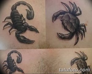 Фото тату с изображением двух скорпионов и двух крабов, выполненных в реалистичном черно-серым стиле на коже человека.