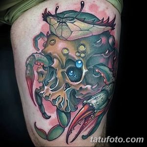 Фото красочной татуировки краба на бедре. Детализированный рисунок татуировки с использованием синих, зеленых и красных оттенков.
