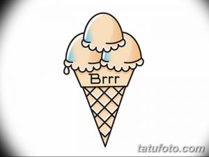 Фото тату: мороженое в рожке с надписью 'Brrr'. Минималистичный эскиз татуировки в черно-белых тонах.