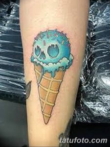 Фото тату на руке: голубое мороженое с черепом внутри. Детализированный рисунок, яркие цвета, стиль реализм.