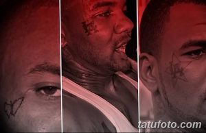 Фото тату: мужчина с множеством татуировок на лице, шее и голове. Рисунки татуировок включают звезды, узоры и надписи.