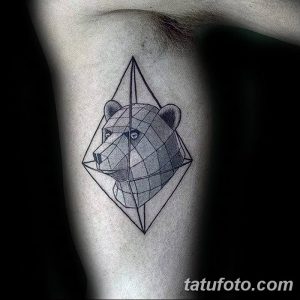 Фото тату с изображением головы медведя, заключенной в ромбовидную рамку. Геометрический рисунок татуировки на руке.